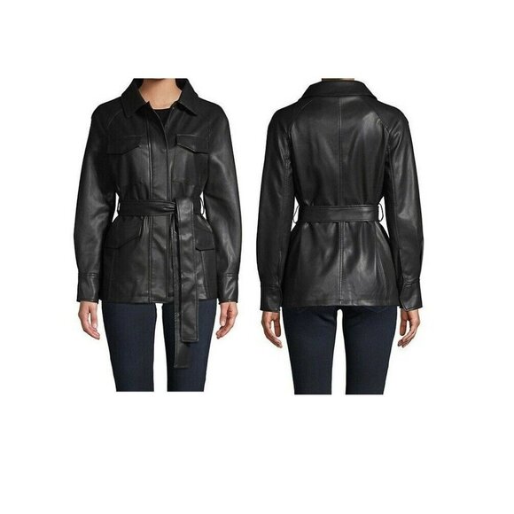 ⭐Bagatelle NYC Faux Leather Utility Black Sz S Womens Jacket belted 4 POCKETS - Picture 1 of 7